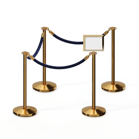 MONTOUR LINE Stanchion Post & Rope Kit PolBrass 4FlatTop 3Dk Blue Rope 8.5x11H Sign C-Kit-3-PB-FL-1-Tapped-1-8511-H-3-PVR-DB-PB